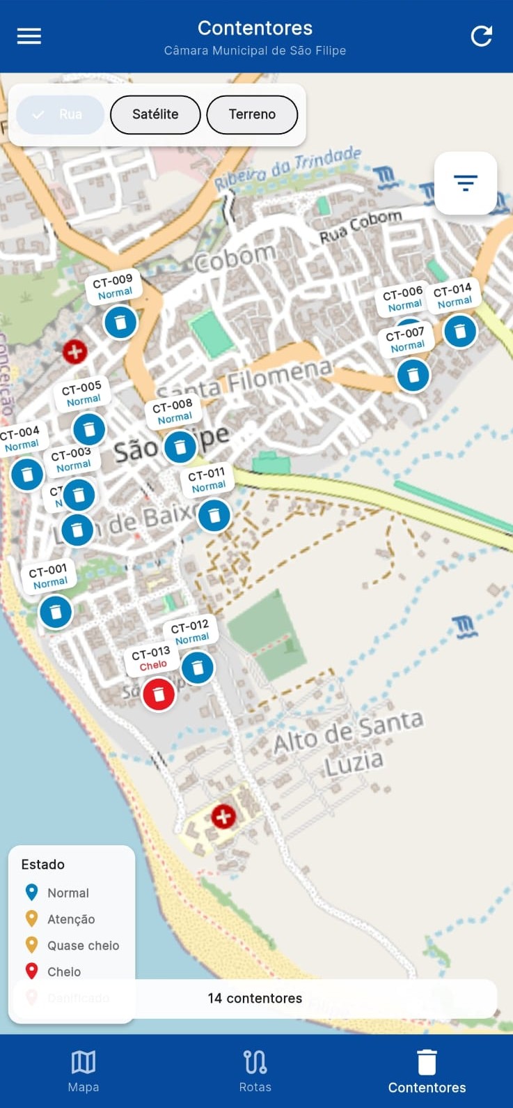 Mapa de contentores com o estado de cada ponto