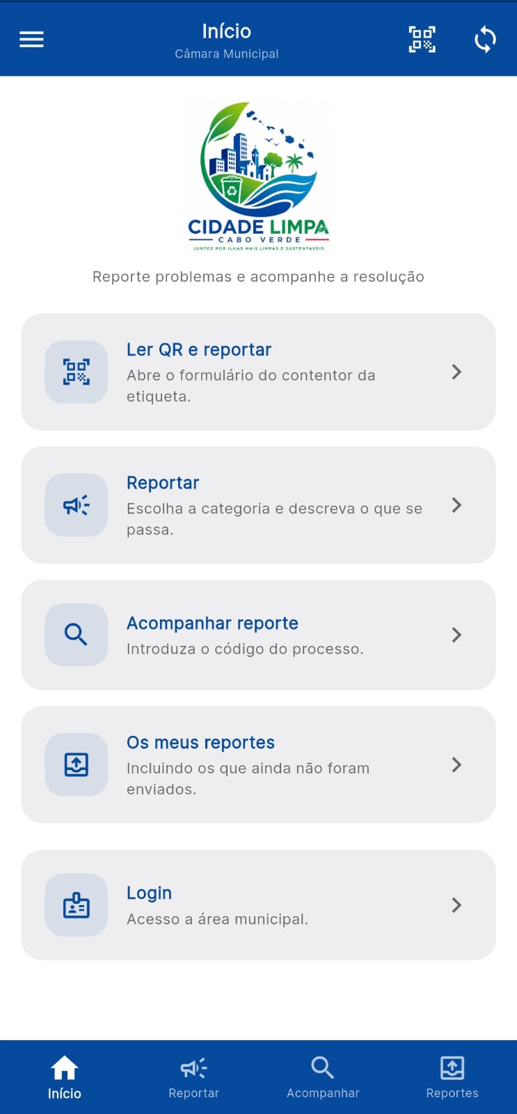 Ecrã inicial da aplicação móvel