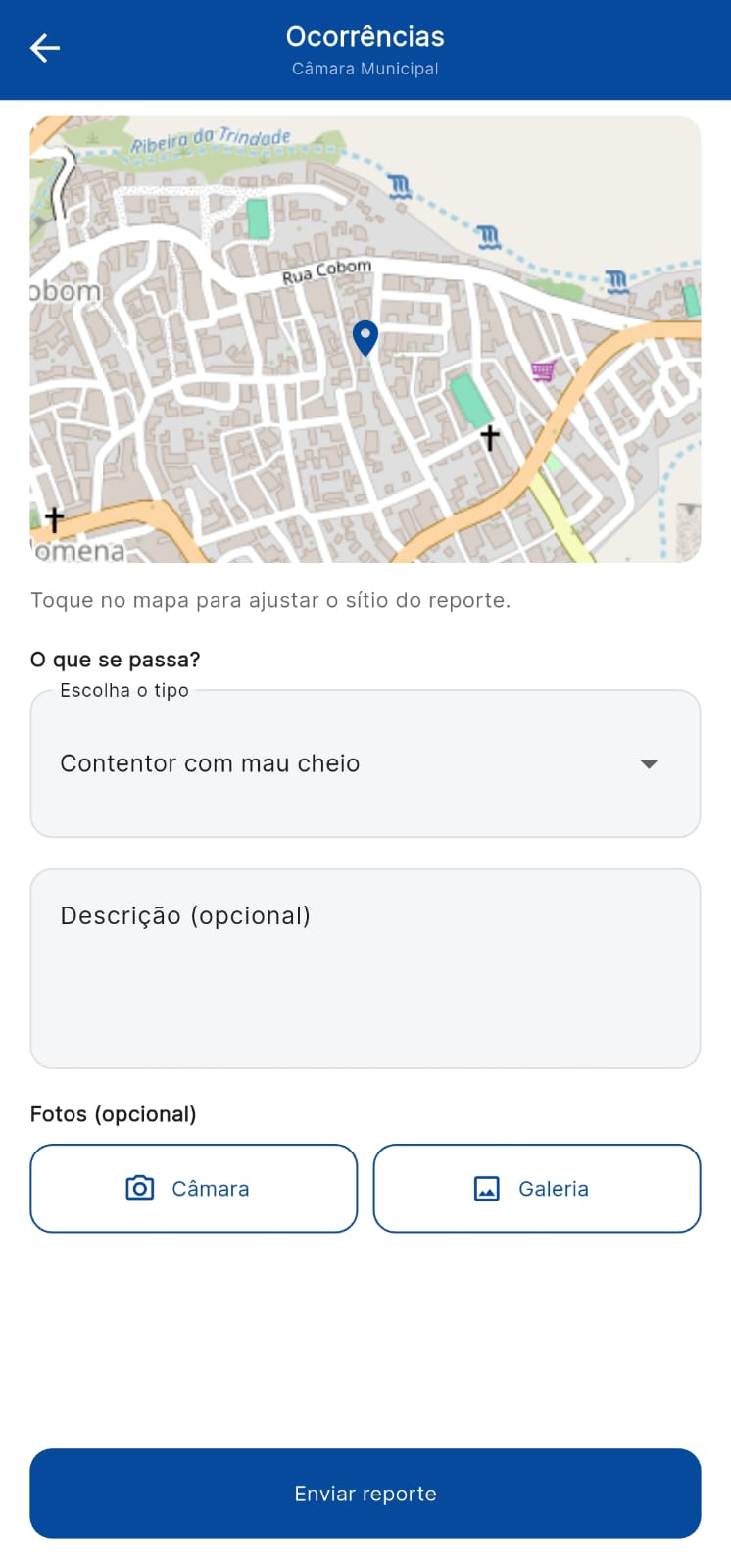 Formulário para reportar uma ocorrência